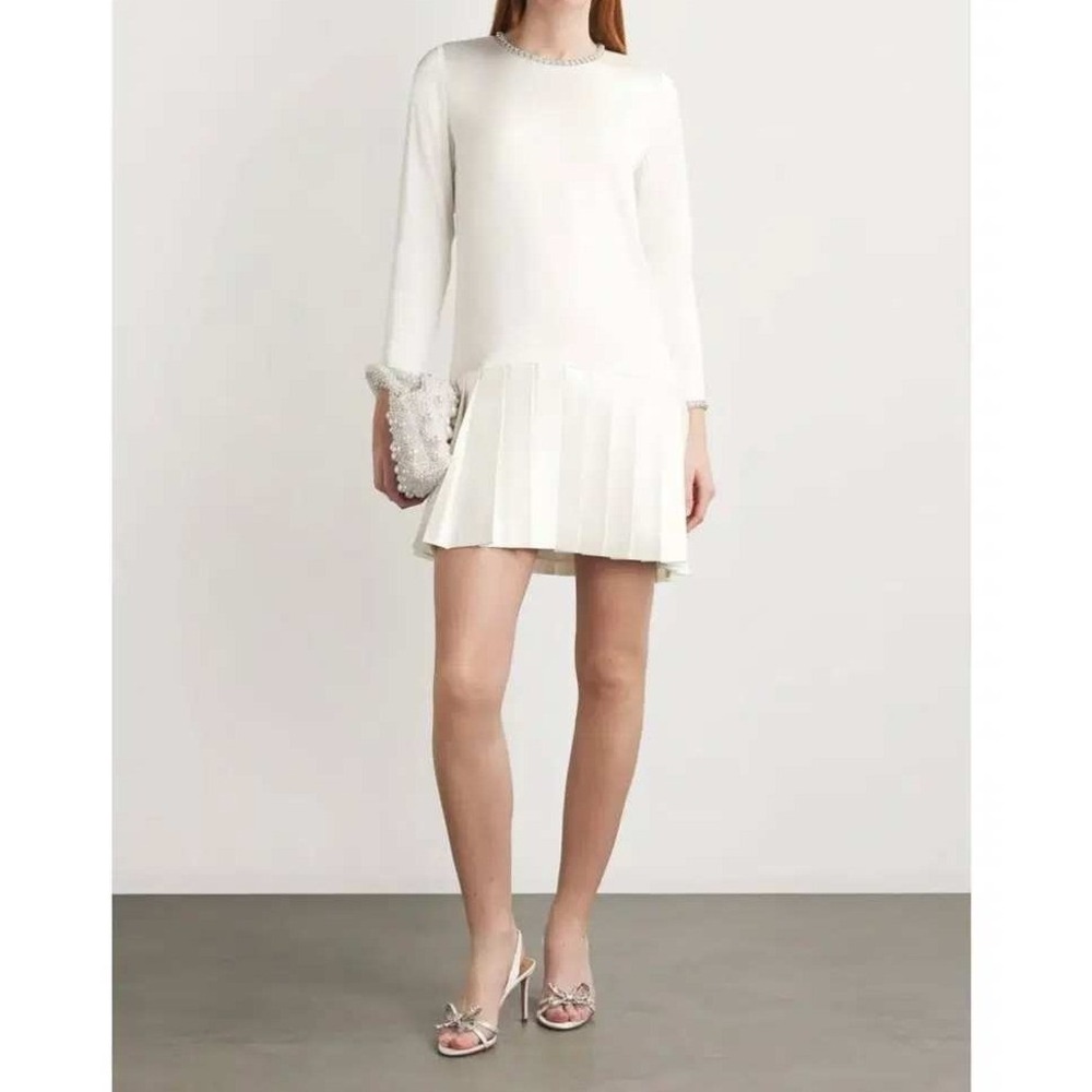 Sandro Drop Waist Pleated Mini Dress White Satin 42 US 10  Pearl Trim Bridal